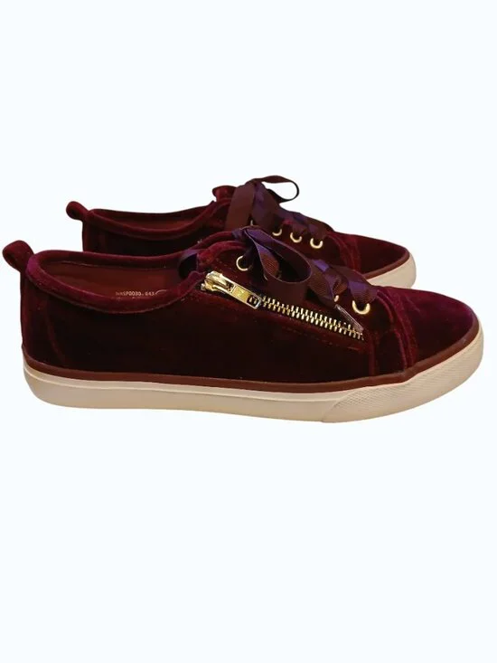 NOT RATED Red/Burgundy Velvet Gold Zipper Satin Lace Sneakers - Picture 14 of 16